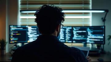 focused programmer working late at night on multiple computer screens filled with code photo