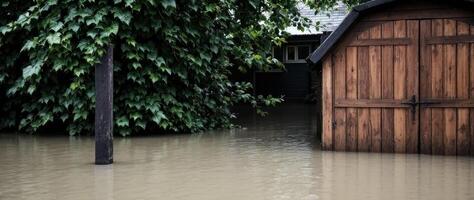 rustic wooden structure is partially submerged in floodwaters surrounded by a dense wall of green leaves. photo