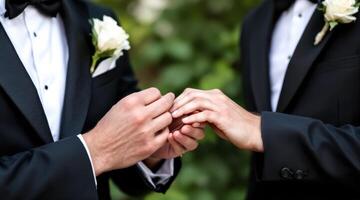 two grooms in black tuxedos gently clasp hands symbolizing their commitment and love. photo