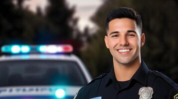 A friendly and approachable police officer standing near a patrol car with flashing lights ready to serve and protect the at night photo