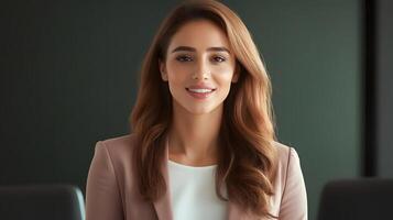 A confident stylish woman in a suit confidently giving a presentation in a modern corporate boardroom photo