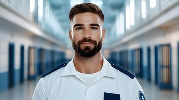 A corrections officer in uniform standing in a prison facility corridor maintaining vigilance and order photo