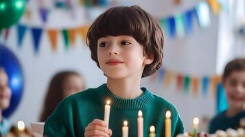 A cheerful young child enthusiastically lighting candles as part of a joyful festive with and a sense of togetherness photo
