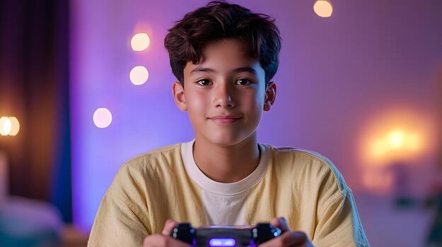 A cheerful teenager enjoying a game session in a cozy neon illuminated room immersed in digital entertainment and leisure photo