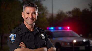 A confident and professional police officer stands with arms crossed beside their patrol car ready to serve and protect the during the night shift photo