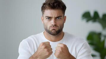 A close up portrait of an angry looking man with clenched fists displaying a focused and intense facial expression photo