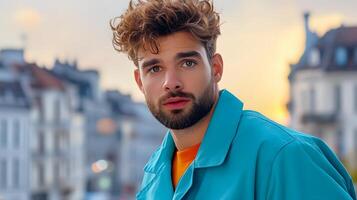 A confident well dressed man with curly hair and a beard stands in a city street contemplating the scene around him as the sun sets behind the buildings photo