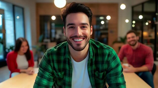 A confident and enthusiastic startup founder passionately pitching innovative business ideas to a group of potential investors in a modern office setting photo