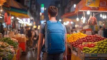 A backpacker walks through a bustling colorful marketplace filled with local produce and vendors in a lively Asian city photo