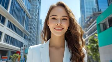 A confident and stylishly dressed woman strolls confidently through the streets of an urban city surrounded by modern high rise buildings photo