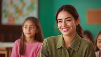A compassionate language instructor guiding students in a diverse engaged classroom setting as they learn a new foreign language together photo