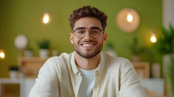 A confident and relaxed young man working remotely on a laptop in a modern cozy home office setting photo
