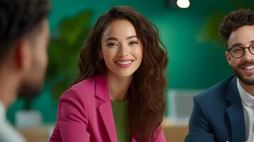 A confident and friendly businesswoman presenting to her coworkers in a well lit contemporary office environment photo