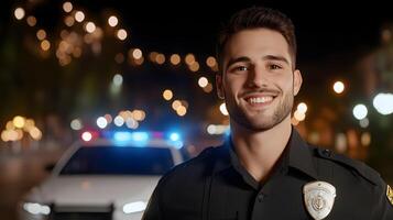 A friendly and confident police officer standing in front of a patrol car during a night shift ready to serve and protect the photo
