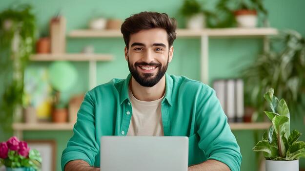 A bearded man with a friendly expression sits at his desk engaged in a conference call while working remotely from the comfort of his modern plant filled home office photo