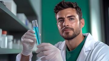 A focused scientist in a white lab coat carefully examining a glass test tube containing a vibrant blue liquid conducting a scientific experiment or research in a laboratory setting photo