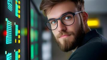 A focused cybersecurity specialist reviewing data and system information on a multi screen computer setup in a professional workspace photo