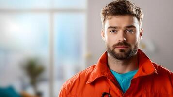 A focused and attentive male healthcare worker wearing a uniform stands ready to respond to an emergency situation conveying a sense of responsibility and dedication to his profession photo