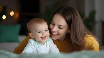 A joyful mother embracing and interacting with her smiling toddler in the cozy setting of their living room creating a heartwarming moment of affection and bonding photo