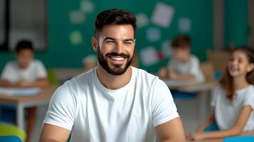 A smiling language instructor stands in front of a diverse group of students guiding them through a foreign language lesson in a vibrant interactive classroom setting photo
