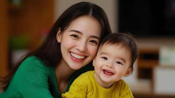 A smiling mother embracing her young child affectionately while they share a joyful moment together in the cozy warm setting of their living room photo