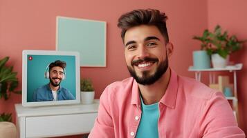 A smiling bearded man in a casual outfit sitting in a cozy minimalist home office while having a call on his laptop photo