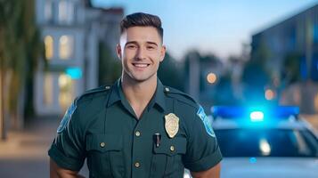 A police officer in uniform stands confidently next to their patrol car on a dimly lit city street at night ready to serve and protect the photo