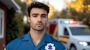 A paramedic wearing a blue uniform and equipped for medical emergency response standing alert and focused as they prepare to attend to a critical situation photo