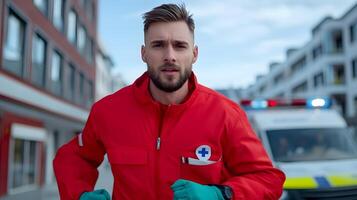 A paramedic dressed in a distinctive red uniform is shown running urgently towards an emergency vehicle likely an ambulance photo