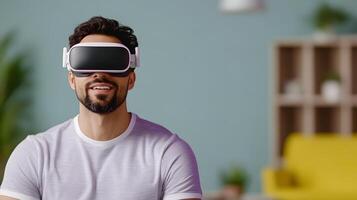 A man wearing a virtual reality headset while working in a contemporary and well designed office space exploring the potential of immersive technology in a professional setting photo