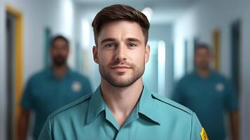 A serious looking corrections officer standing in a prison corridor monitoring and ensuring the safety and security of the facility photo