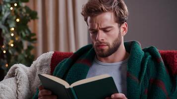 A man with a beard sits comfortably in a cozy living room engrossed in reading a book by the warm glow of the fireplace and twinkling holiday lights photo