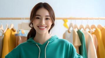 A friendly and enthusiastic personal shopper helping a customer explore clothing options and provide expert style guidance photo