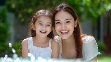 A happy carefree moment between a mother and her young daughter playing and laughing together in the lush green backyard photo