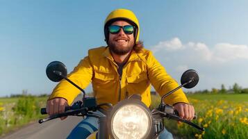 A motorcyclist riding their bike on an open scenic road surrounded by a lush meadow and clear blue sky on a bright sunny day photo