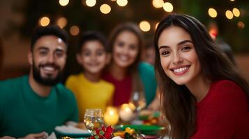 A joyful group of loved ones including a diverse group of adults and children sharing a festive meal and celebrating the holiday season in a cozy home environment photo
