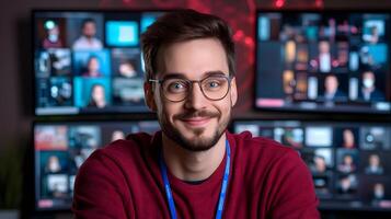 A smiling man in a red shirt wearing glasses is intently focused on monitoring digital systems and networks on multiple computer screens in a professional office setting photo