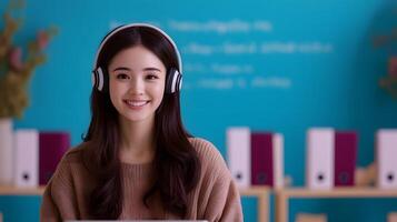 A smiling female teacher wearing headphones and conducting an online virtual class showcasing the modern flexible and innovative approach to education and training photo