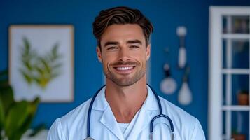 A portrait of a friendly and approachable doctor wearing a white coat and smiling at the with a stethoscope around his neck conveying a sense of professionalism and compassionate care photo