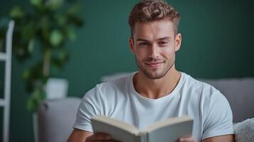 A man sits comfortably on a couch deeply engrossed in reading a book in a peaceful and inviting living room setting photo