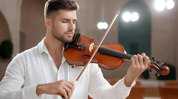 A skilled violinist playing a captivating performance on stage showcasing their musical talent and in a classical concert setting photo