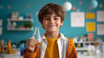 A young curious boy holding a glass beaker filled with a liquid experiment in a well equipped school science laboratory surrounded by scientific equipment and learning materials photo