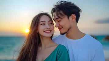 A young couple embracing and watching the sunset over the ocean during their relaxing beach vacation photo