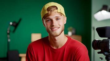 A young enthusiastic man smiling and filming a social media in a creative studio setting with equipment photo