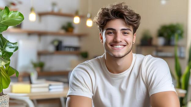 A young enthusiastic entrepreneur smiling confidently while working at his desk in a modern collaborative start up office environment photo