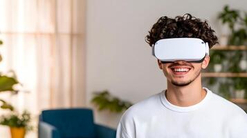 A young man wearing a virtual reality headset immersed in a digital gaming experience in a cozy well decorated indoor setting with natural light and greenery photo