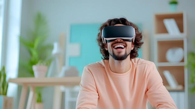 A tech professional enthusiastically experiencing virtual reality technology in a contemporary well equipped office setting photo