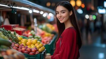 A smiling young woman browsing and selecting various colorful fruits and produce at an open air market stall surrounded by a vibrant and diverse array of seasonal offerings photo