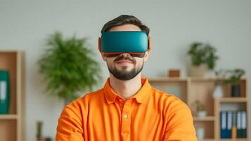 A tech professional in a casual orange shirt using a virtual reality headset in a modern well equipped office environment photo
