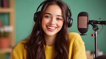 A young enthusiastic woman smiling while recording a podcast in the cozy setting of her home studio surrounded by microphones and audio equipment photo